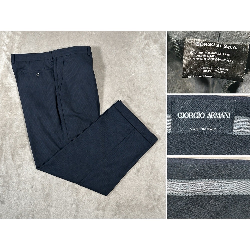 Vintage Giorgio Armani Pants Men 38x30 Navy Blue Striped Wool Silk Made In Italy